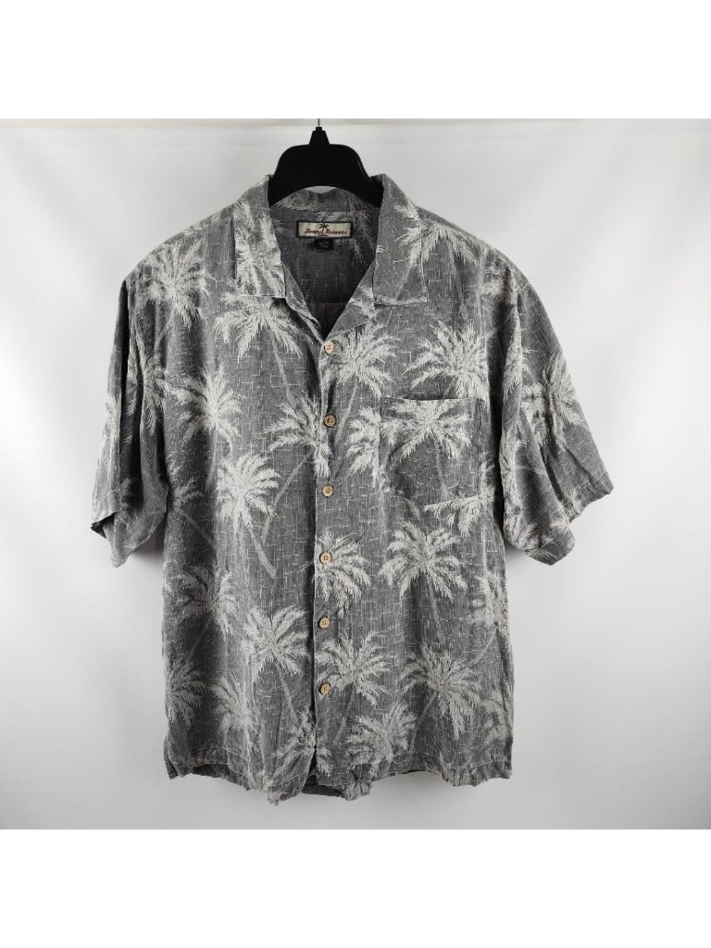 Tommy Bahama Shirt Mens Large Gray Multi Floral Print S/S 100% Silk Palm Tree